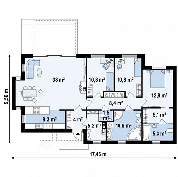 Проект современного одноэтажного дома из кирпича со светлой просторной гостиной и тремя спальнями в стиле хай-тек / План 1 этажа