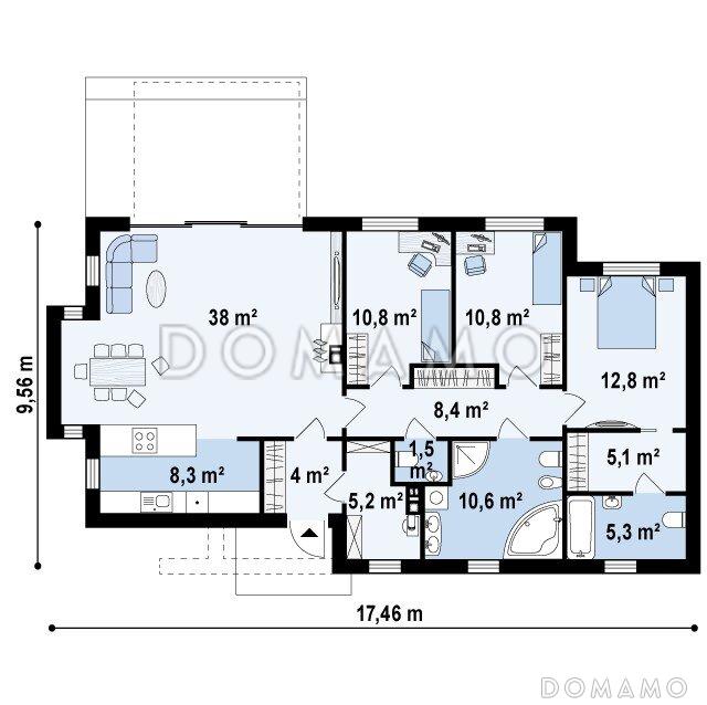 Проект современного одноэтажного дома из кирпича со светлой просторной гостиной и тремя спальнями в стиле хай-тек / План 1 этажа