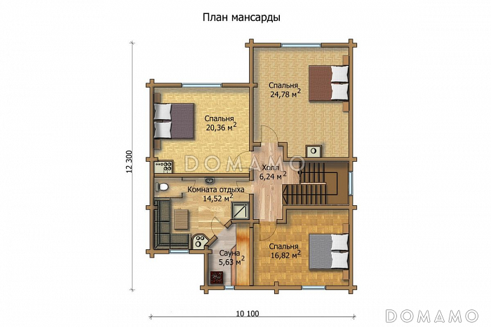 Проект деревянного дома с большими и просторными комнатами / План мансардного этажа Проект деревянного дома с большими и просторными комнатами / План мансардного этажа