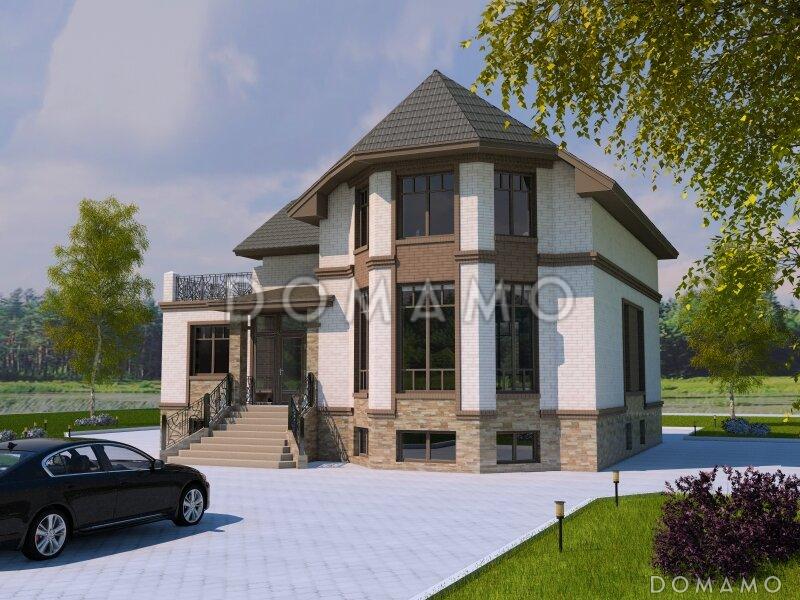 Проект двухэтажного дома с эркером и цокольным этажом, с винтовой лестницей / 1