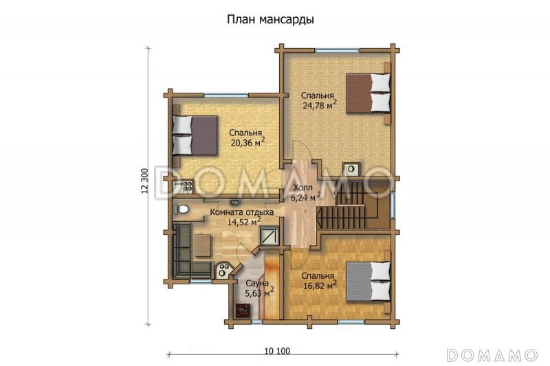 Проект деревянного дома с большими и просторными комнатами / План мансардного этажа