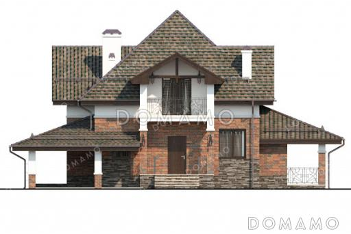 Проект дома с навесом для автомобиля, крытой террасой и двумя балконами на мансарде / Фасад 1