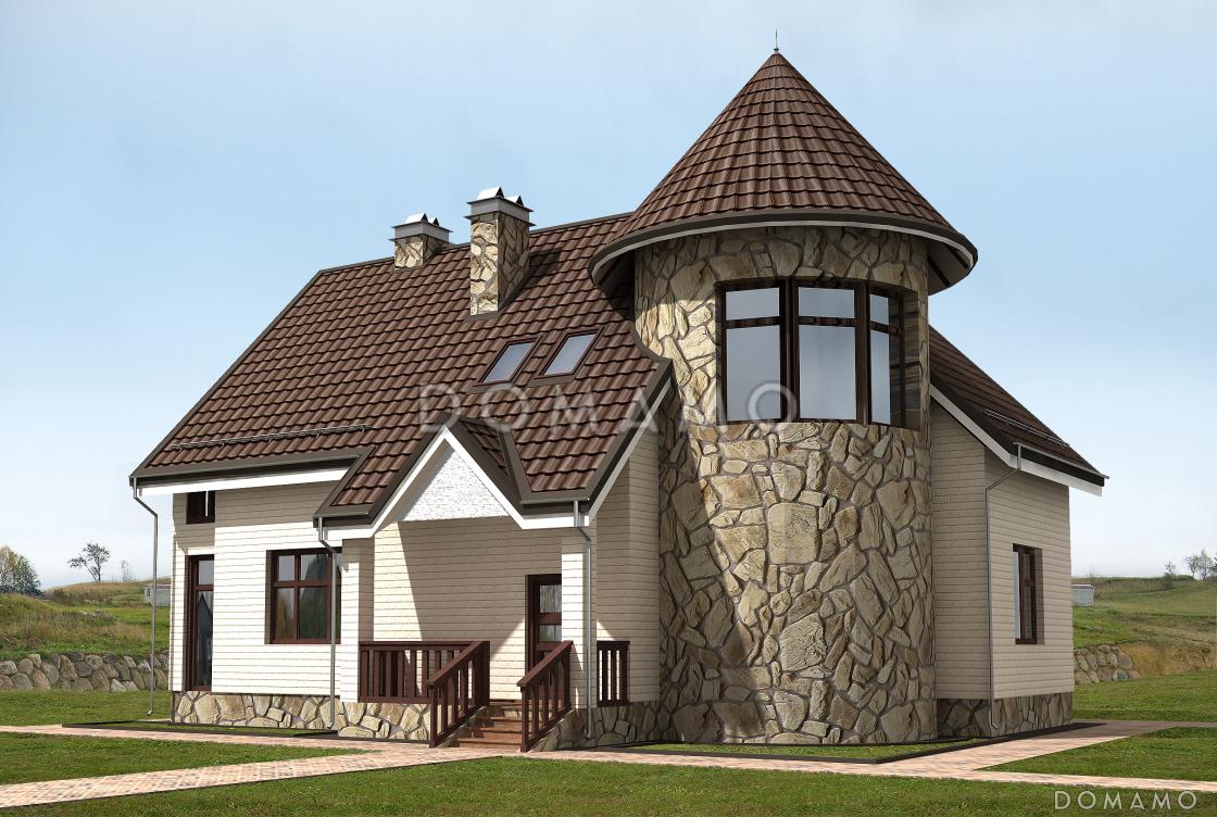 Проект дома с башней, окнами в пол на веранде, с балконом и лоджией / 1