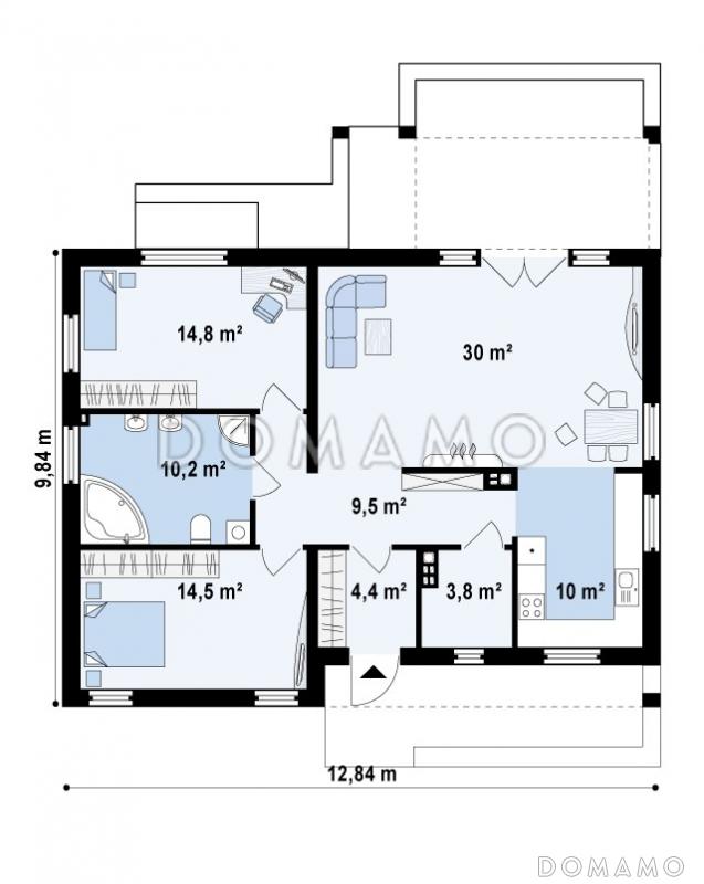 Проект одноэтажного дома из газобетона с современными элементами дизайна, с двумя спальнями и просторной дневной зоной / План 1 этажа