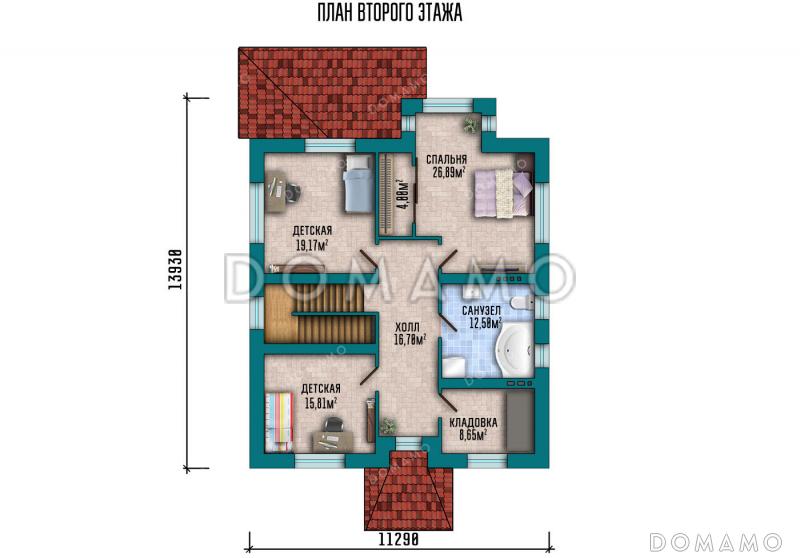 Проект двухэтажного дома с террасой, 3 спальнями и кабинетом / План 2 этажа