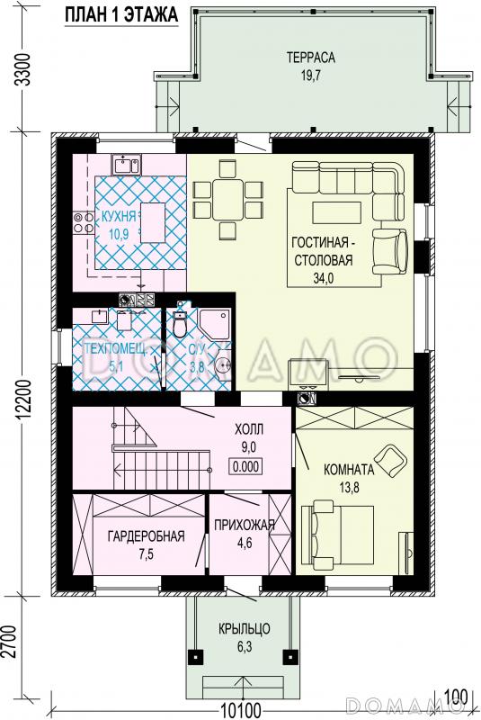 Проект дома из газобетона с мастер-спальней, кабинетом и террасой / План 1 этажа