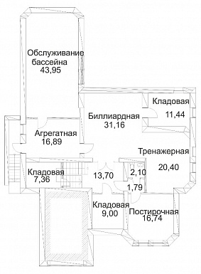 Проект дома из кирпича с сауной и пристроенным бассейном / План цокольного этажа Проект дома из кирпича с сауной и пристроенным бассейном / План цокольного этажа
