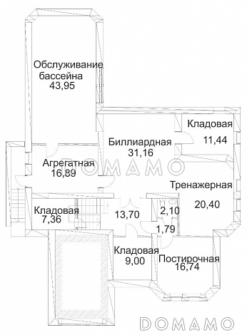 Проект дома из кирпича с сауной и пристроенным бассейном / План цокольного этажа Проект дома из кирпича с сауной и пристроенным бассейном / План цокольного этажа