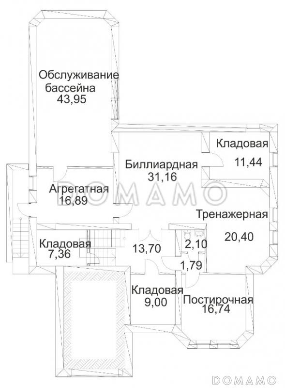 Проект дома из кирпича с сауной и пристроенным бассейном / План цокольного этажа