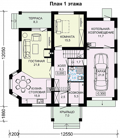 Проект дома из газобетона с двумя входами в котельную / План 1 этажа