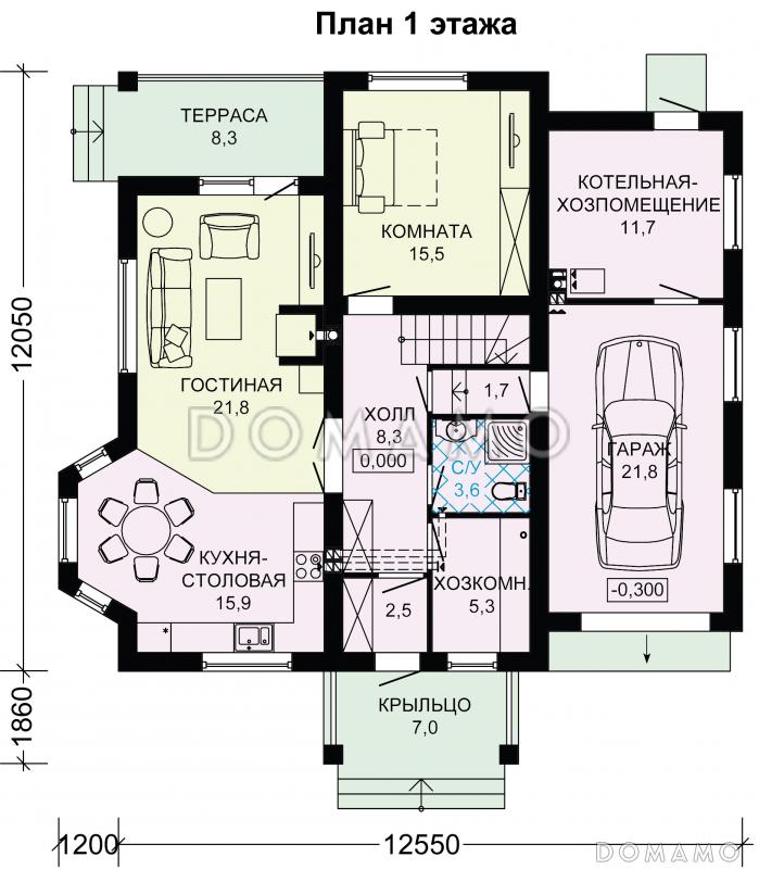 Проект дома из газобетона с двумя входами в котельную / План 1 этажа