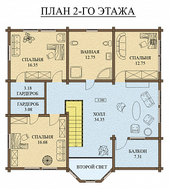 Проект дома из оцилиндрованного бревна с экером и вторым светом / План 2 этажа Проект дома из оцилиндрованного бревна с экером и вторым светом / План 2 этажа