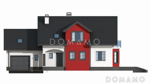 Проект одноэтажного мансардного дома из газобетона с кабинетом, эркером, балконом над ним и гаражом / Фасад 4