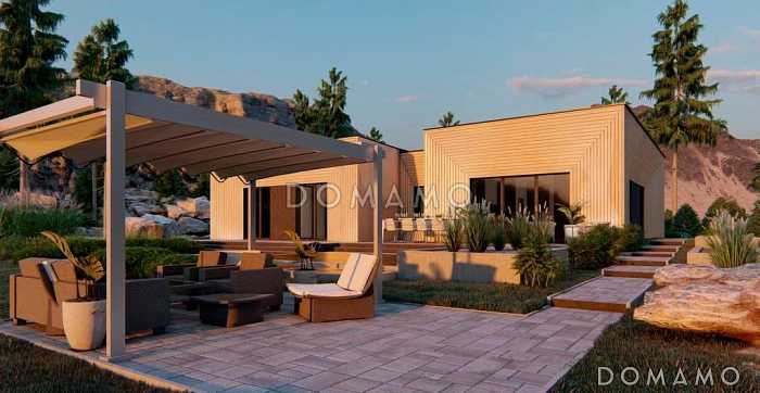 Проект одноэтажного дома с плоской крышей, просторной кухней-гостиной, гаражом на две машины, мастер-спальней