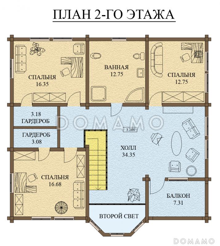 Проект дома из оцилиндрованного бревна с экером и вторым светом / План 2 этажа