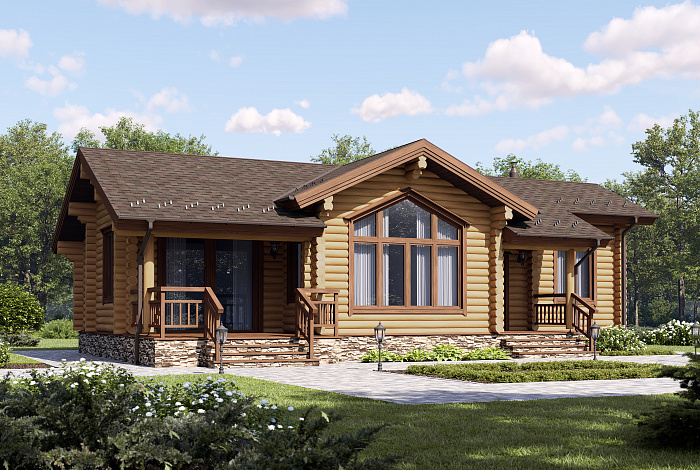 Проект бревенчатого дома с одной спальней, кухней-столовой и просторной гостиной с камином