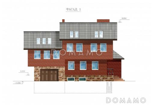 Проект двухэтажного дома с цокольным и мансардным этажами, с сауной и гаражом / Фасад 1