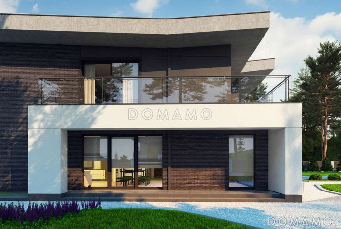 Проект современного двухэтажного дома из газобетона с пятью спальнями, с гаражом для двух автомобилей и террасами на обоих уровнях Проект современного двухэтажного дома из газобетона с пятью спальнями, с гаражом для двух автомобилей и террасами на обоих уровнях