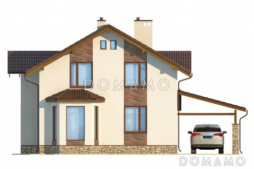 Проект вместительного коттеджа с каменными столбами крыльца и навеса / Фасад 2