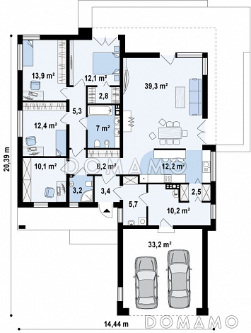 Проект просторного современного одноэтажного дома из газобетона с тремя спальнями, кабинетом и гаражом / План 1 этажа Проект просторного современного одноэтажного дома из газобетона с тремя спальнями, кабинетом и гаражом / План 1 этажа