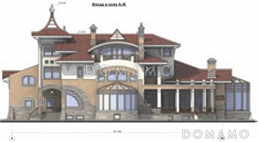Проект просторного коттеджа в стиле модерн с бассейном и гаражом / Фасад 3