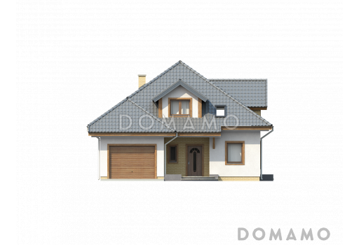 Проект мансардного дома из кирпича с кабинетом, гаражом и техническим помещением / Фасад 1