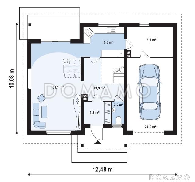 Проект классического мансардного дома из кирпича со встроенным гаражом / План 1 этажа