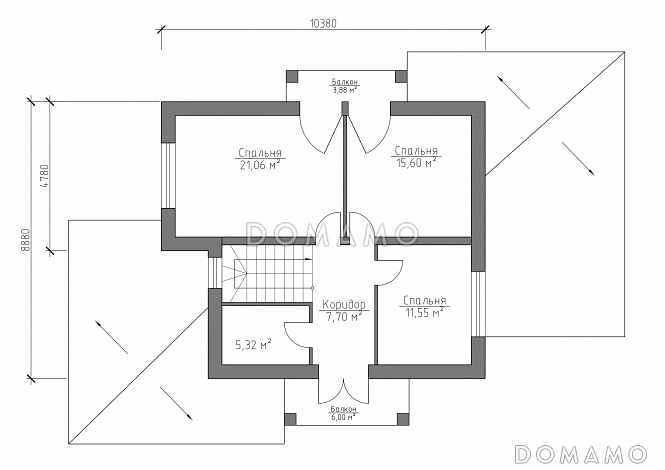 Проект дома с использованием трёх видов отелочных материалов, с навесом для автомобиля и террасой / План мансардного этажа Проект дома с использованием трёх видов отелочных материалов, с навесом для автомобиля и террасой / План мансардного этажа