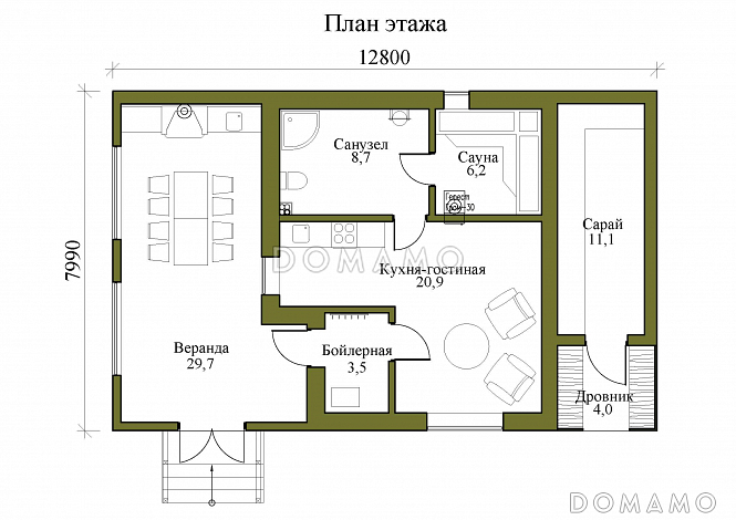 Проект одноэтажной бани с верандой, дровником и сараем / План 1 этажа Проект одноэтажной бани с верандой, дровником и сараем / План 1 этажа