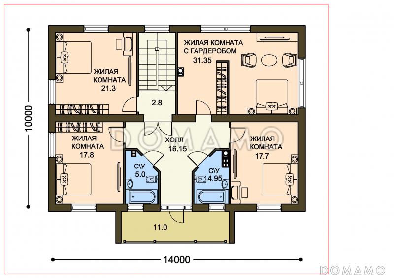 Проект двухэтажного дома c балконом и панорамными окнами гостиной / План 2 этажа