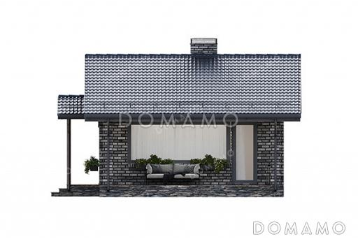 Проект компактной одноэтажной бани в классическом стиле с большой террасой, витражным остеклением и просторной комнатой отдыха / Фасад 1