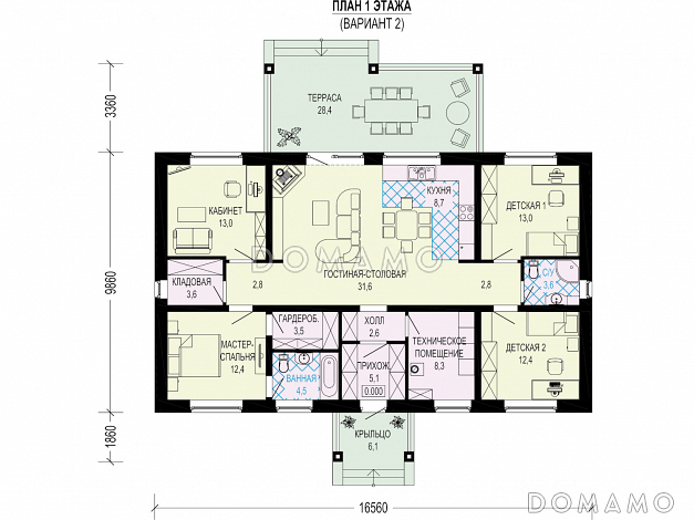 Проект одноэтажного дома из поризованного камня с мастер-спальней, кладовой и кабинетом / План 1 этажа