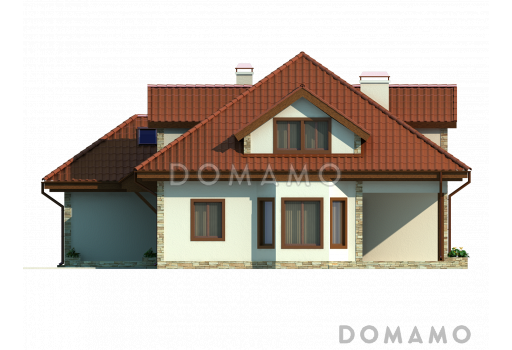 Проект просторного одноэтажного мансардного дома из кирпича с кабинетом, эркером и гаражом / Фасад 3