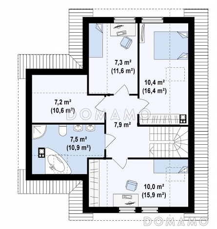 Проект одноэтажного мансардного дома из кирпича с дополнительной спальней на первом этаже / План мансардного этажа