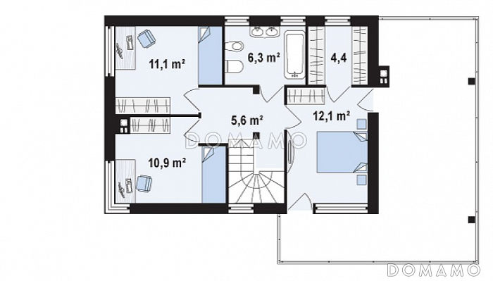 Проект двухэтажного дома из кирпича с четырьмя комнатами, с гаражом и террасой над ним / План 2 этажа