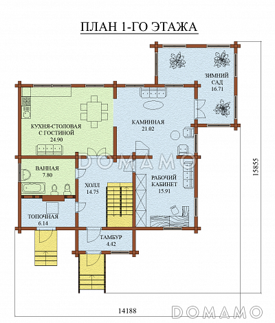Проект дома из оцилиндрованного бревна, с мансардным этажом и зимним садом / План 1 этажа Проект дома из оцилиндрованного бревна, с мансардным этажом и зимним садом / План 1 этажа