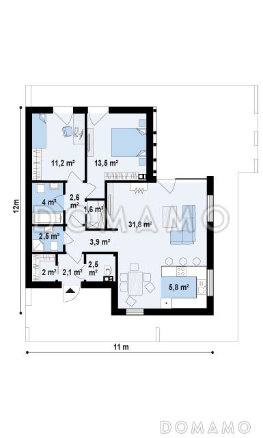 Проект компактного одноэтажного дома из кирпича с косой крышей и с двумя спальнями / План 1 этажа