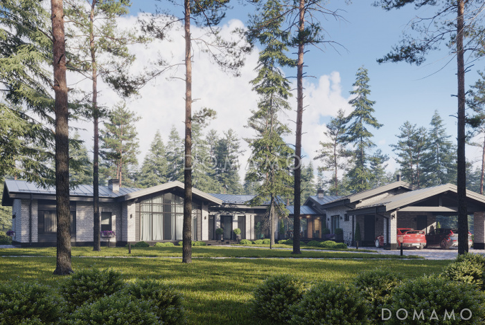 Проект дома сложной формы с навесом для авто, спа-зоной, зимним садом и хозяйской спальней Проект дома сложной формы с навесом для авто, спа-зоной, зимним садом и хозяйской спальней