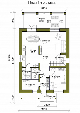 Проект двухэтажного газобетонного дома с крытой террасой и четырьмя спальнями на втором этаже / План 1 этажа