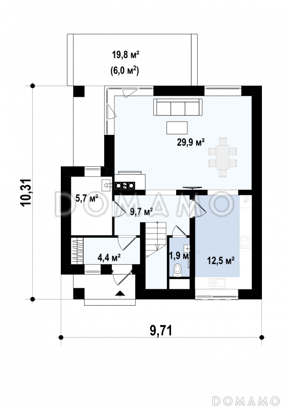 Проект небольшого одноэтажного мансардного дома из кирпича с тремя спальнями и просторной гостиной / План 1 этажа
