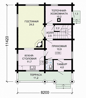 Проект деревянного дома с удобствами, просторной гостиной и тремя спальными комнатами / План 1 этажа Проект деревянного дома с удобствами, просторной гостиной и тремя спальными комнатами / План 1 этажа