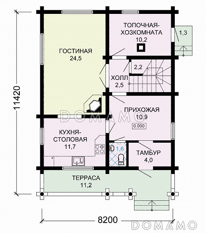 Проект деревянного дома с удобствами, просторной гостиной и тремя спальными комнатами / План 1 этажа Проект деревянного дома с удобствами, просторной гостиной и тремя спальными комнатами / План 1 этажа