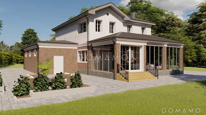 Проект двухэтажного дома с совмещенными гостиной, столовой, холлом и кухней