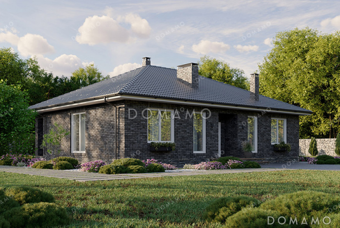 Проект дома из газобетона с тремя спальнями, двумя санузлами и небольшой террасой Проект дома из газобетона с тремя спальнями, двумя санузлами и небольшой террасой