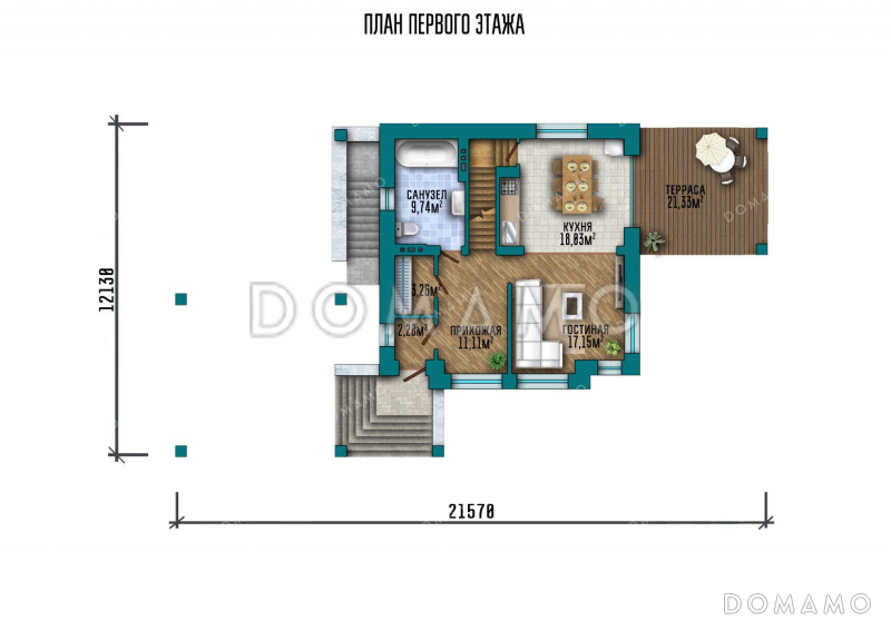 Проект одноэтажного дома с мансардой, большой террасой и навесом на два автомобиля / План 1 этажа