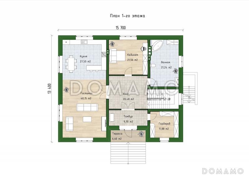 Проект трехуровневого дома с 3 спальнями, балконом и большим подвалом / План 1 этажа