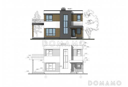 Проект двухэтажного дома из газобетона с кабинетом на первом этаже, тремя спальнями и балконом / Фасад 1