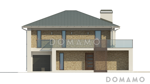 Проект современного двухэтажного дома из газобетона с дополнительной спальней на первом этаже, гаражом и открытой террасой на втором этаже / Фасад 1