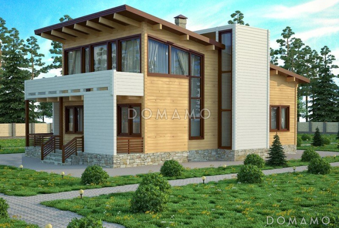 Проект современного дома из клееного бруса с односкатной крышей Проект современного дома из клееного бруса с односкатной крышей