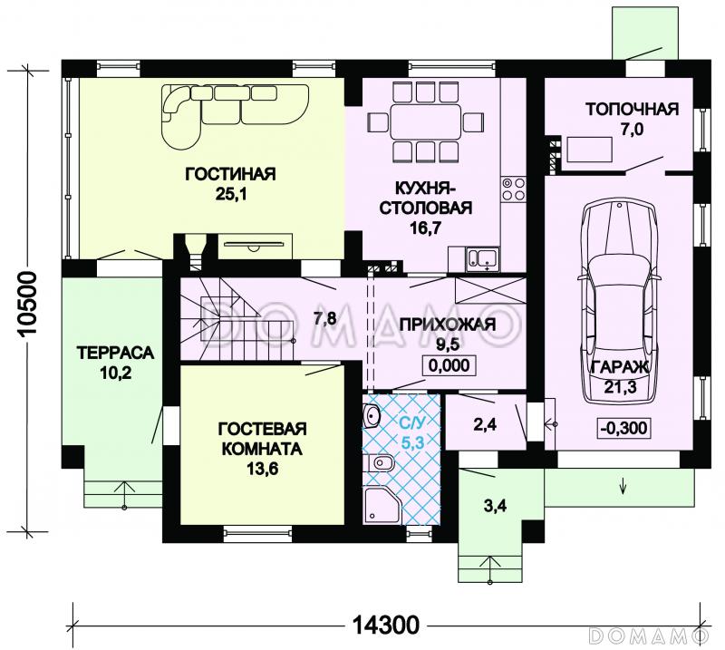 Проект дома из пеноблоков с террасой и гаражом / План 1 этажа